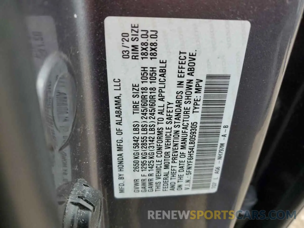 13 Photograph of a damaged car 5FNYF6H54LB059305 HONDA PILOT 2020