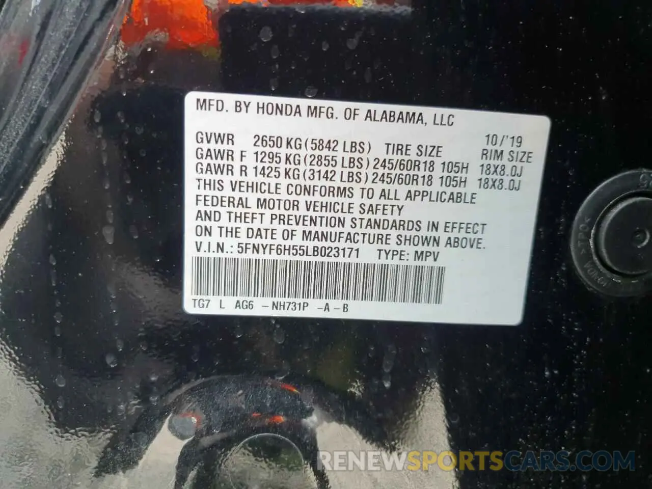 14 Photograph of a damaged car 5FNYF6H55LB023171 HONDA PILOT 2020