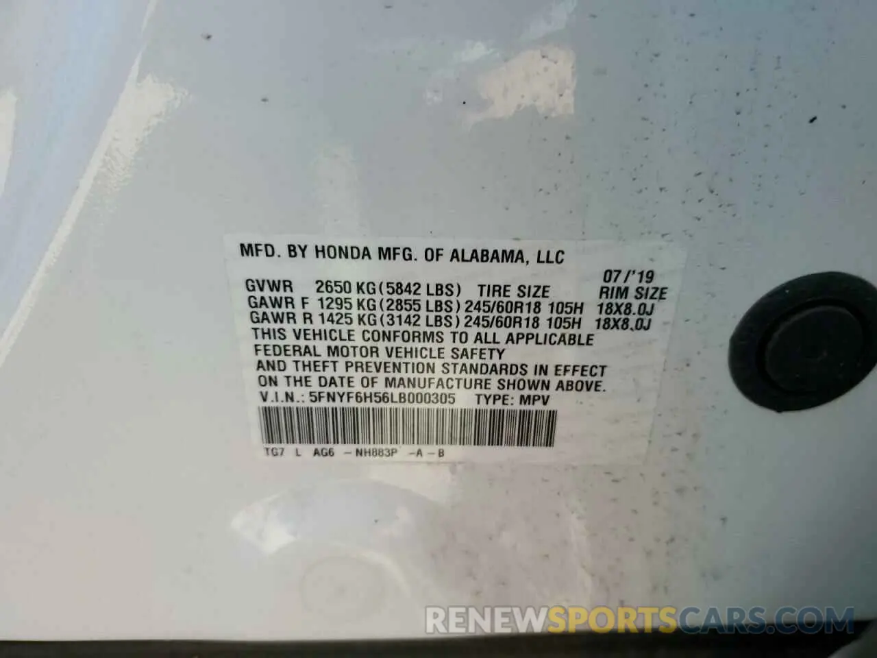 12 Photograph of a damaged car 5FNYF6H56LB000305 HONDA PILOT 2020