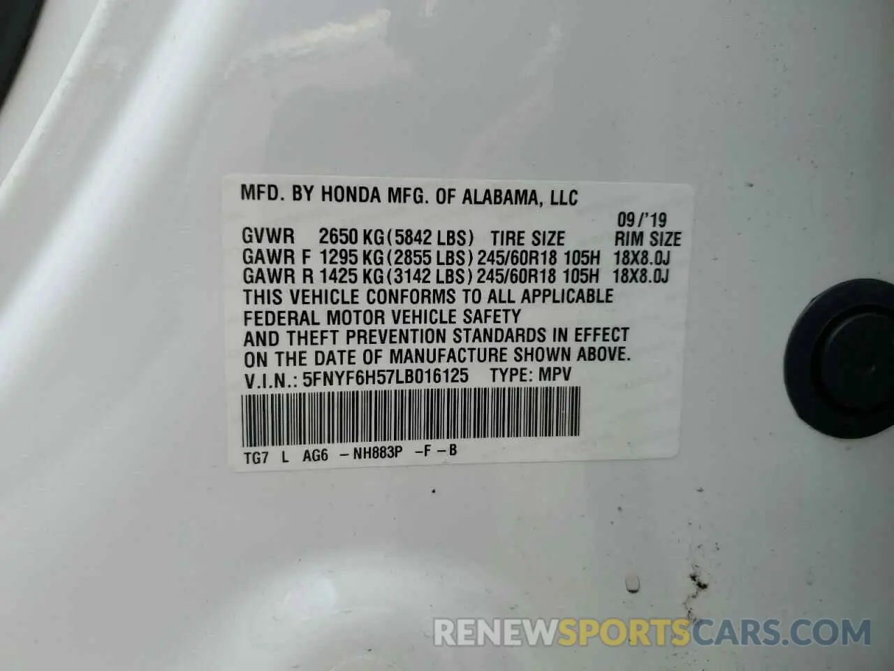 13 Photograph of a damaged car 5FNYF6H57LB016125 HONDA PILOT 2020