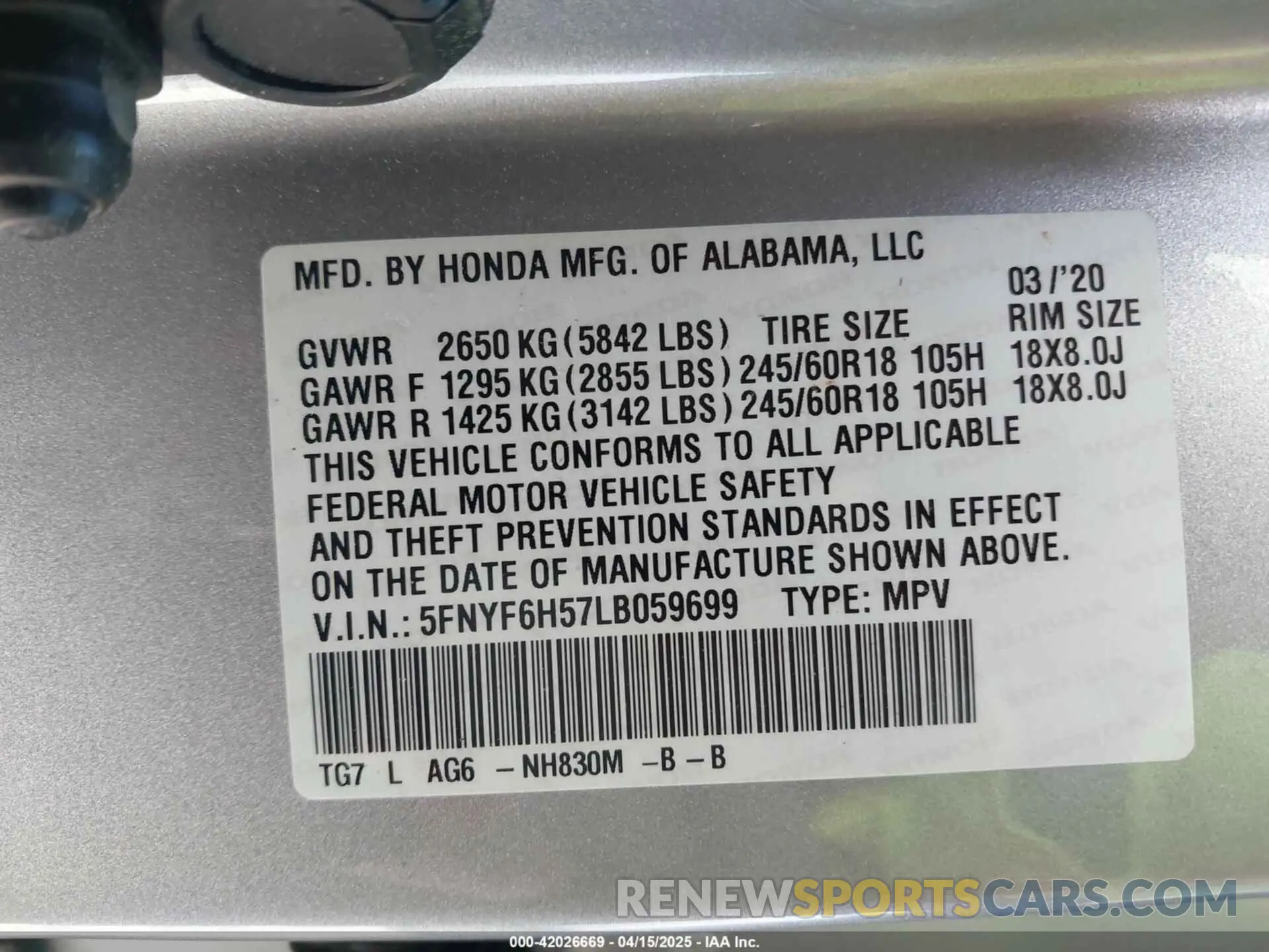 9 Photograph of a damaged car 5FNYF6H57LB059699 HONDA PILOT 2020