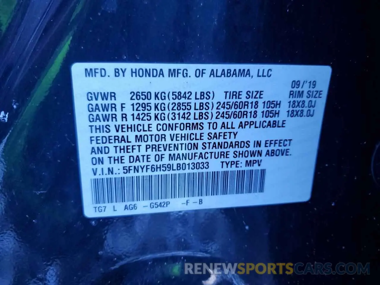 15 Photograph of a damaged car 5FNYF6H59LB013033 HONDA PILOT 2020