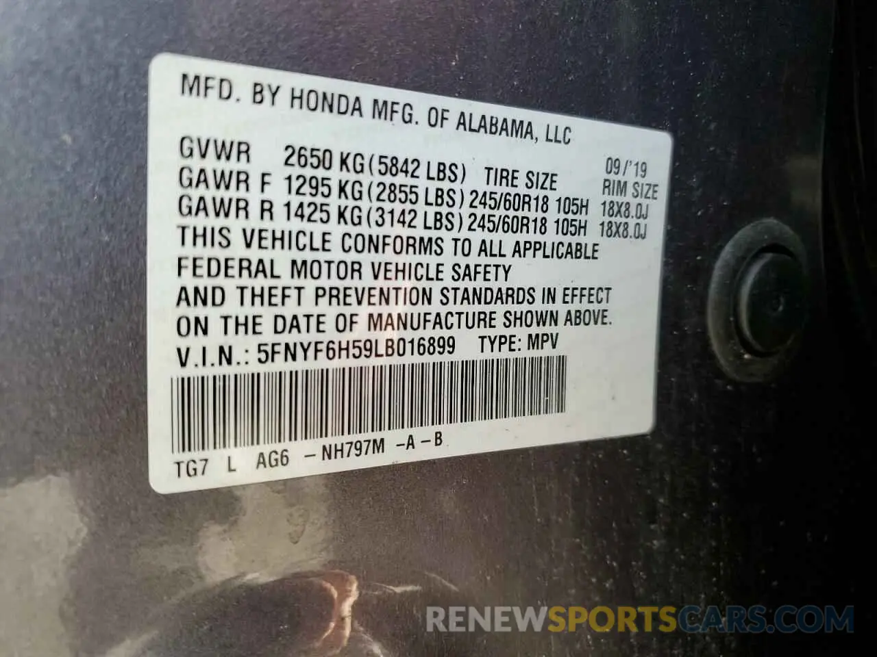 12 Photograph of a damaged car 5FNYF6H59LB016899 HONDA PILOT 2020