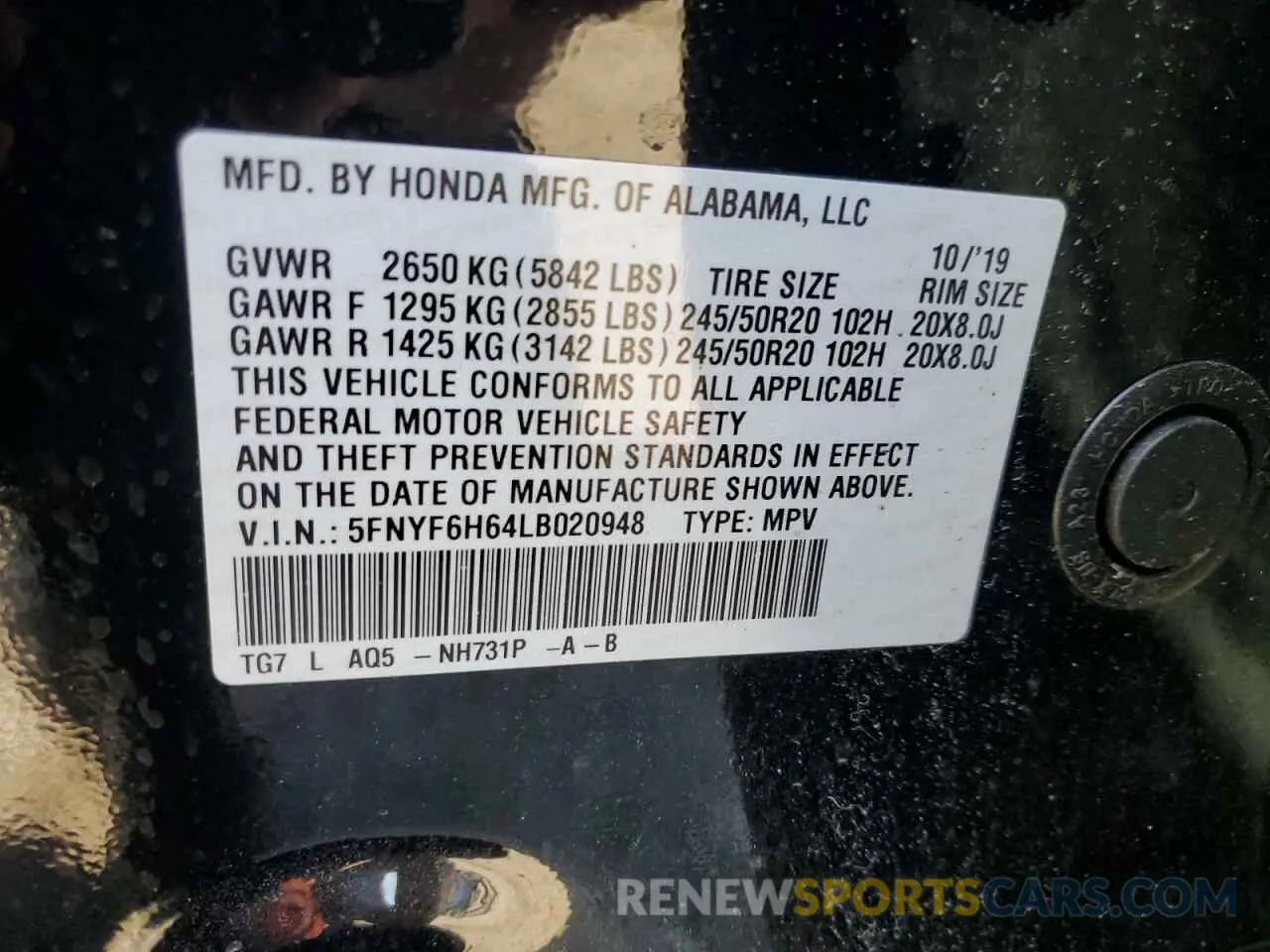 14 Photograph of a damaged car 5FNYF6H64LB020948 HONDA PILOT 2020