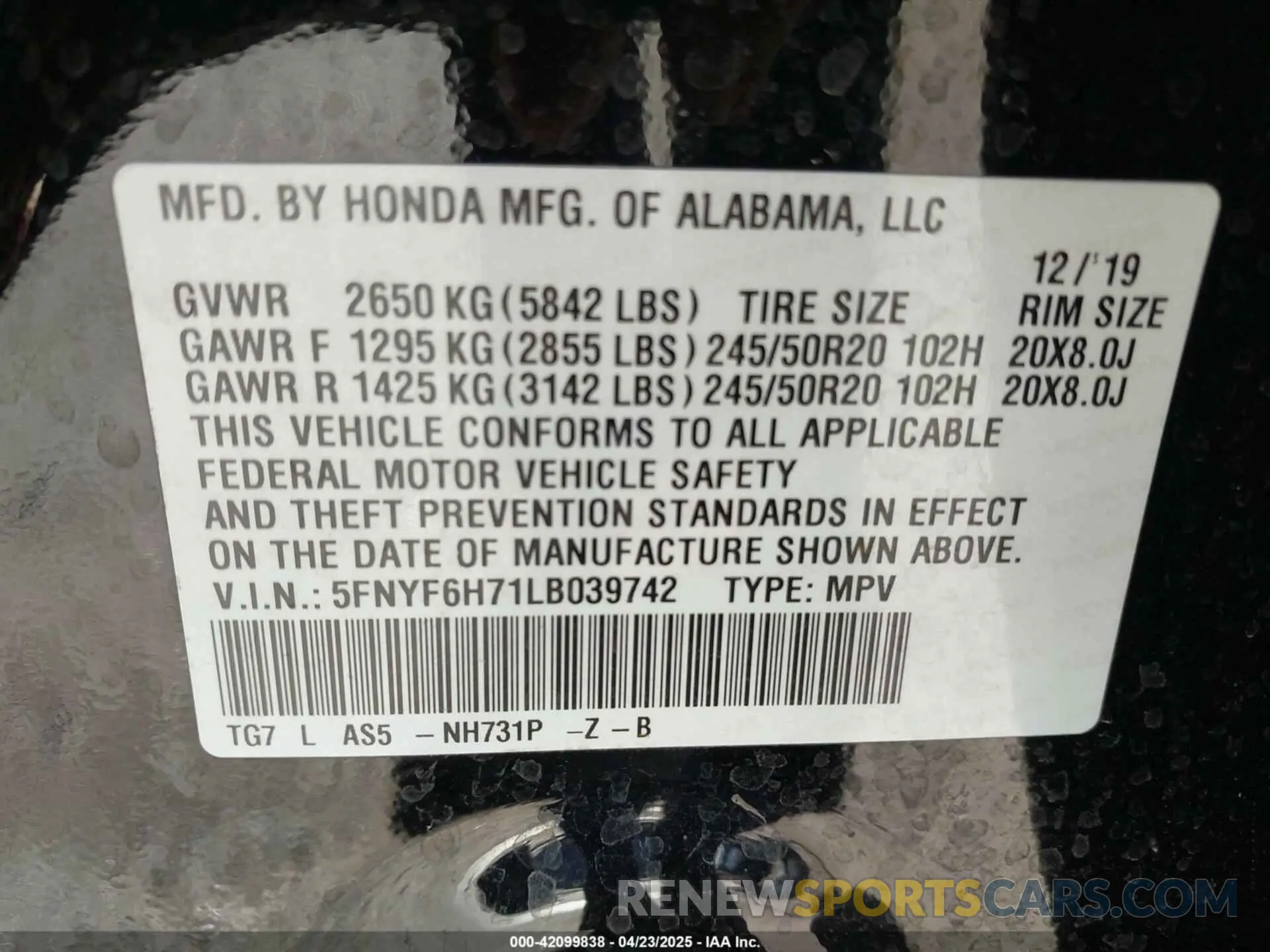 9 Photograph of a damaged car 5FNYF6H71LB039742 HONDA PILOT 2020