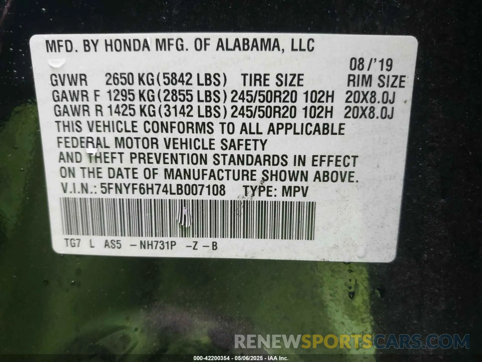 9 Photograph of a damaged car 5FNYF6H74LB007108 HONDA PILOT 2020