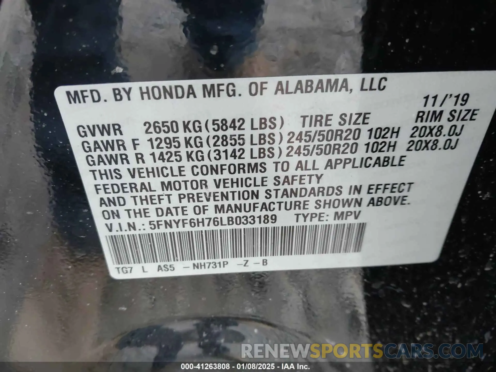 9 Photograph of a damaged car 5FNYF6H76LB033189 HONDA PILOT 2020