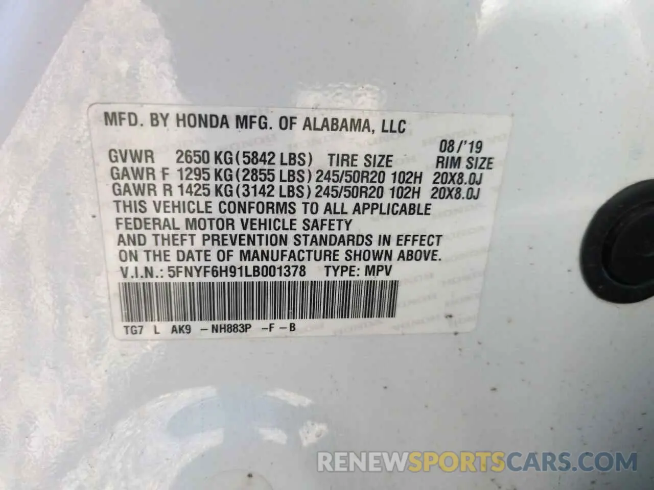 14 Photograph of a damaged car 5FNYF6H91LB001378 HONDA PILOT 2020