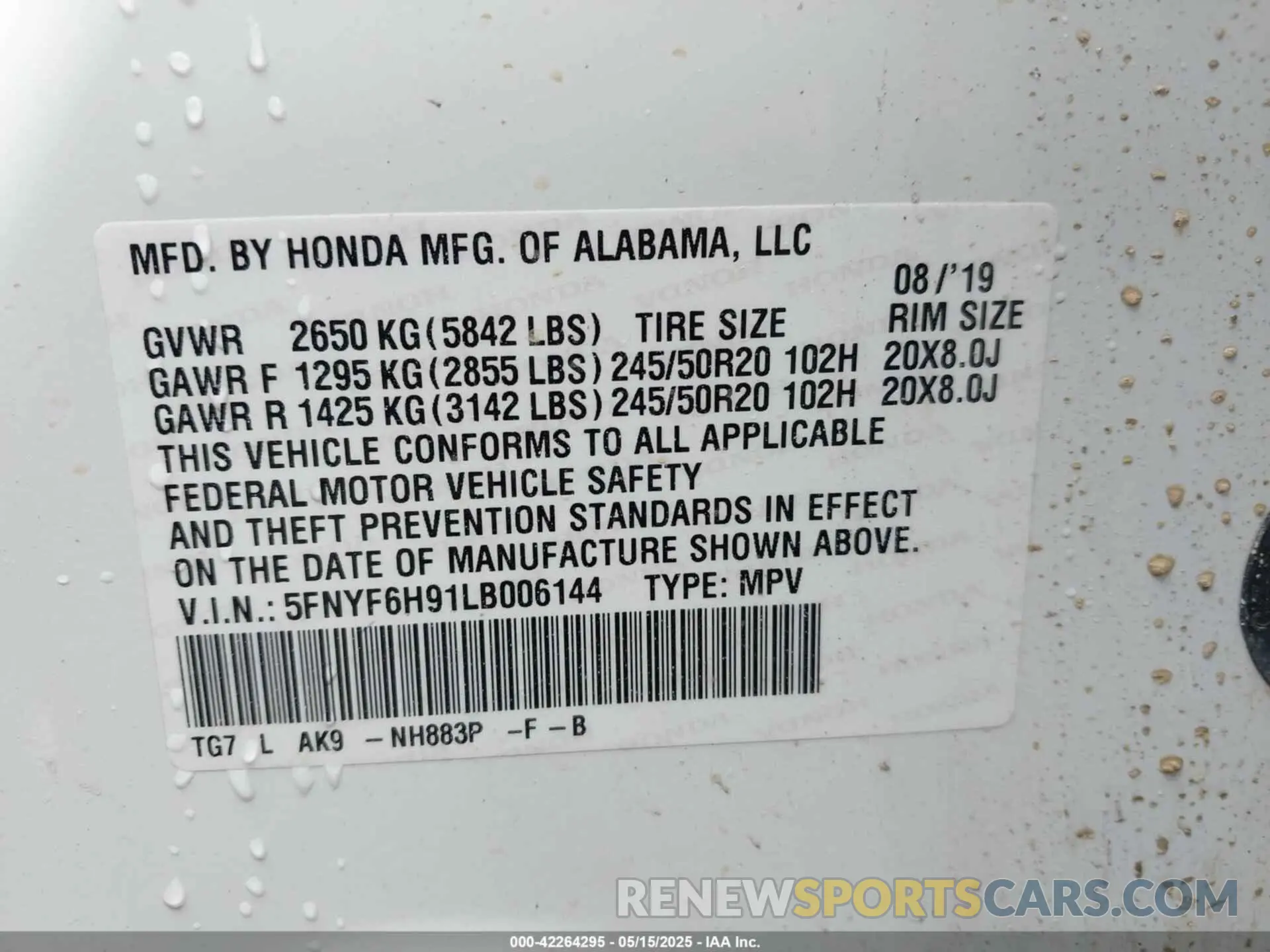 9 Photograph of a damaged car 5FNYF6H91LB006144 HONDA PILOT 2020