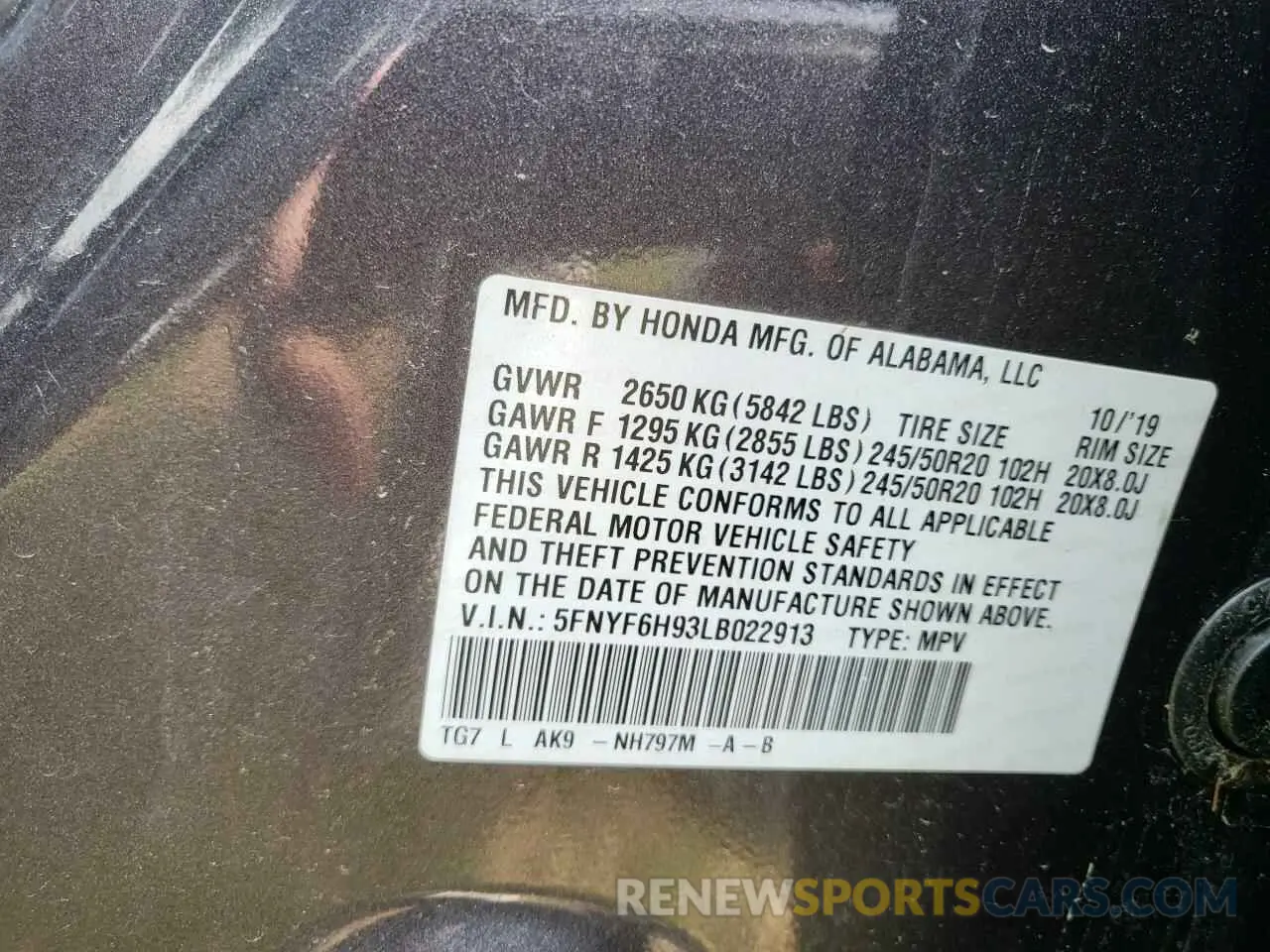 10 Photograph of a damaged car 5FNYF6H93LB022913 HONDA PILOT 2020