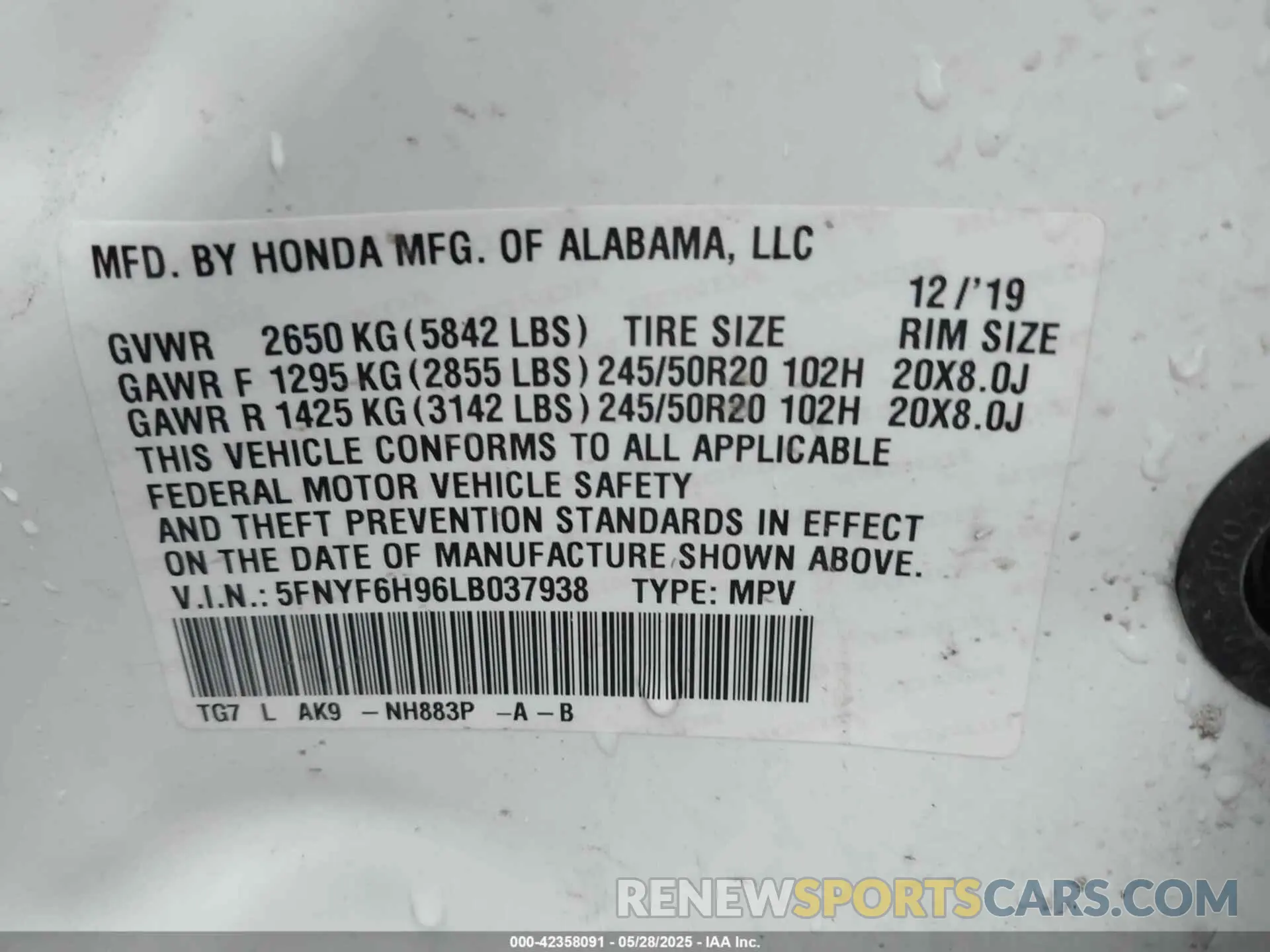 9 Photograph of a damaged car 5FNYF6H96LB037938 HONDA PILOT 2020