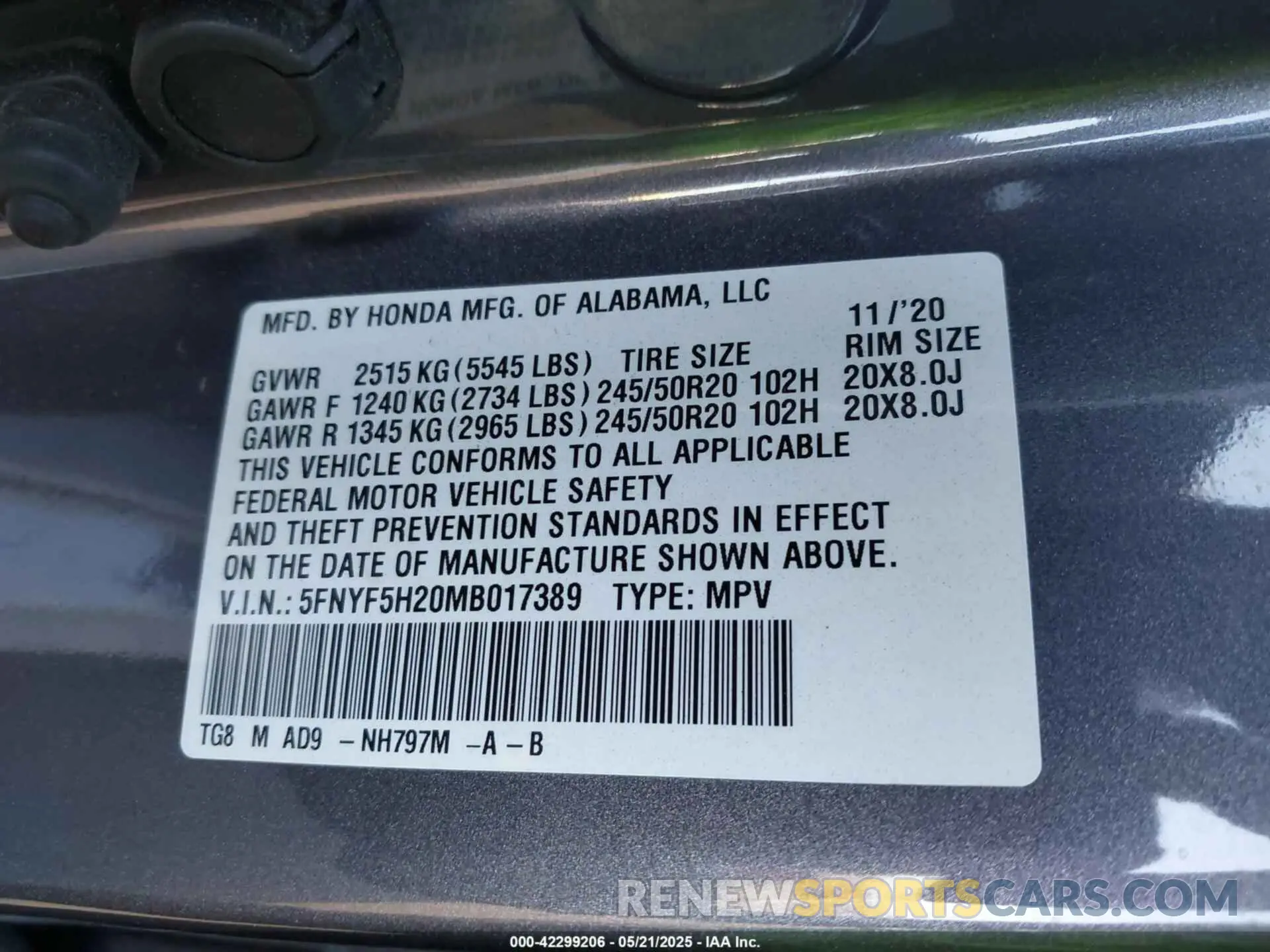 9 Photograph of a damaged car 5FNYF5H20MB017389 HONDA PILOT 2021