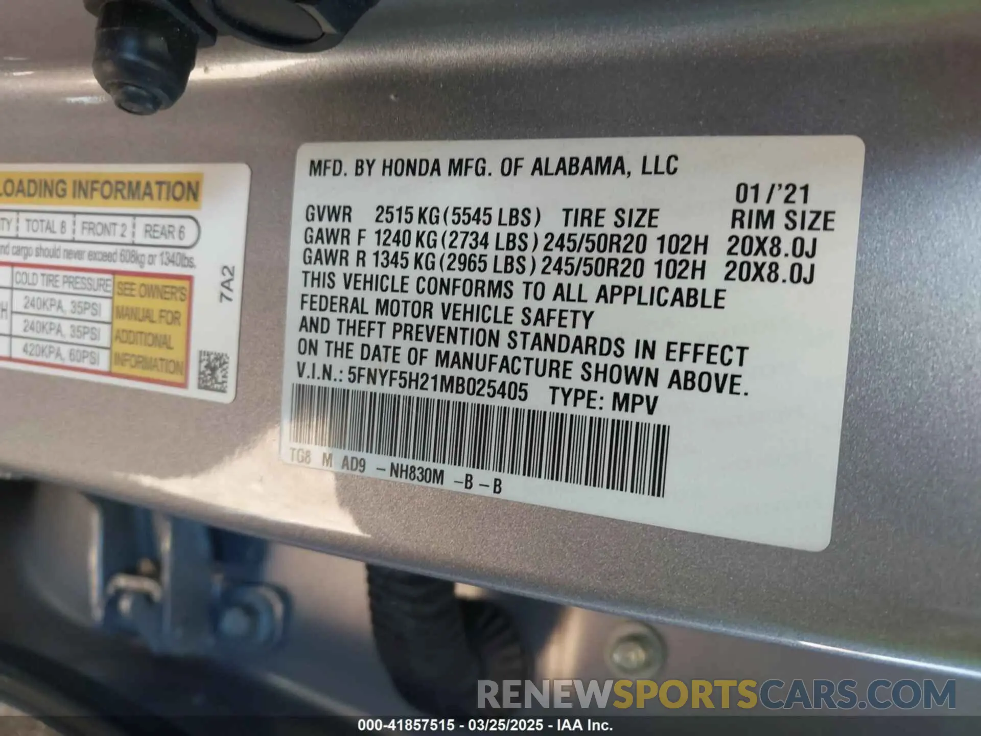 9 Photograph of a damaged car 5FNYF5H21MB025405 HONDA PILOT 2021