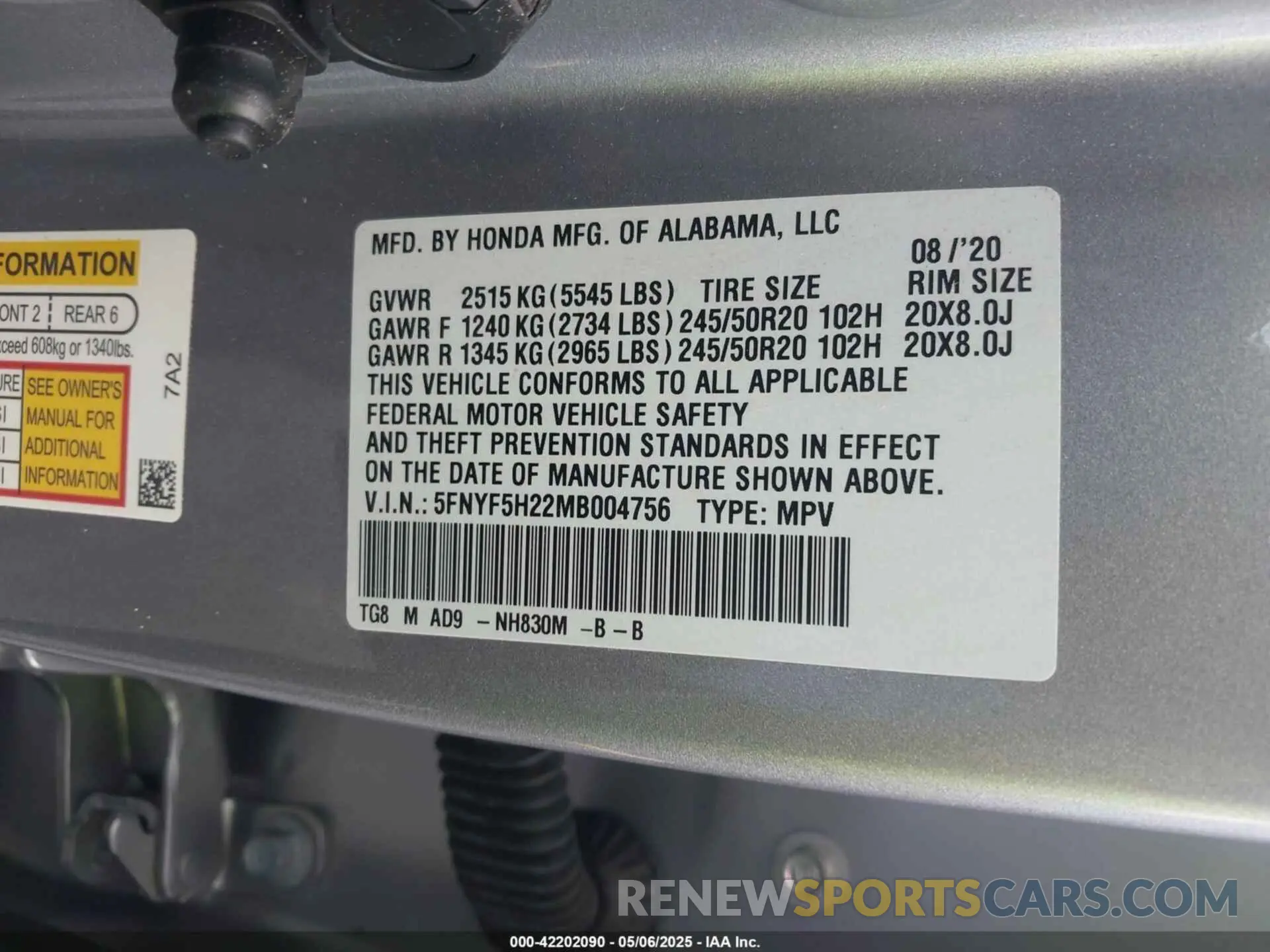 9 Photograph of a damaged car 5FNYF5H22MB004756 HONDA PILOT 2021