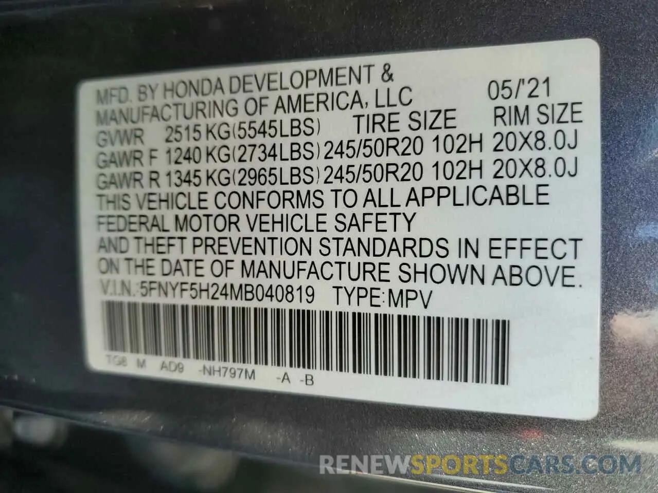 16 Photograph of a damaged car 5FNYF5H24MB040819 HONDA PILOT 2021