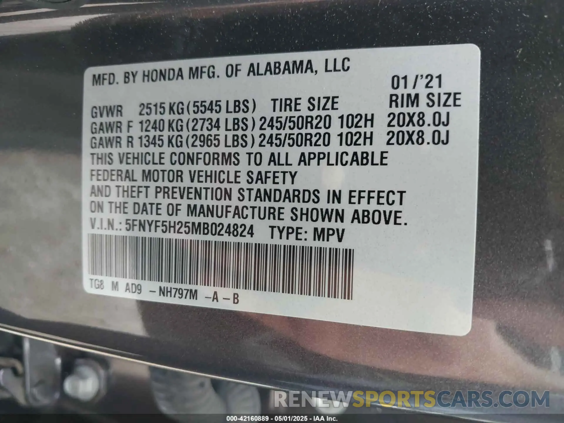 9 Photograph of a damaged car 5FNYF5H25MB024824 HONDA PILOT 2021