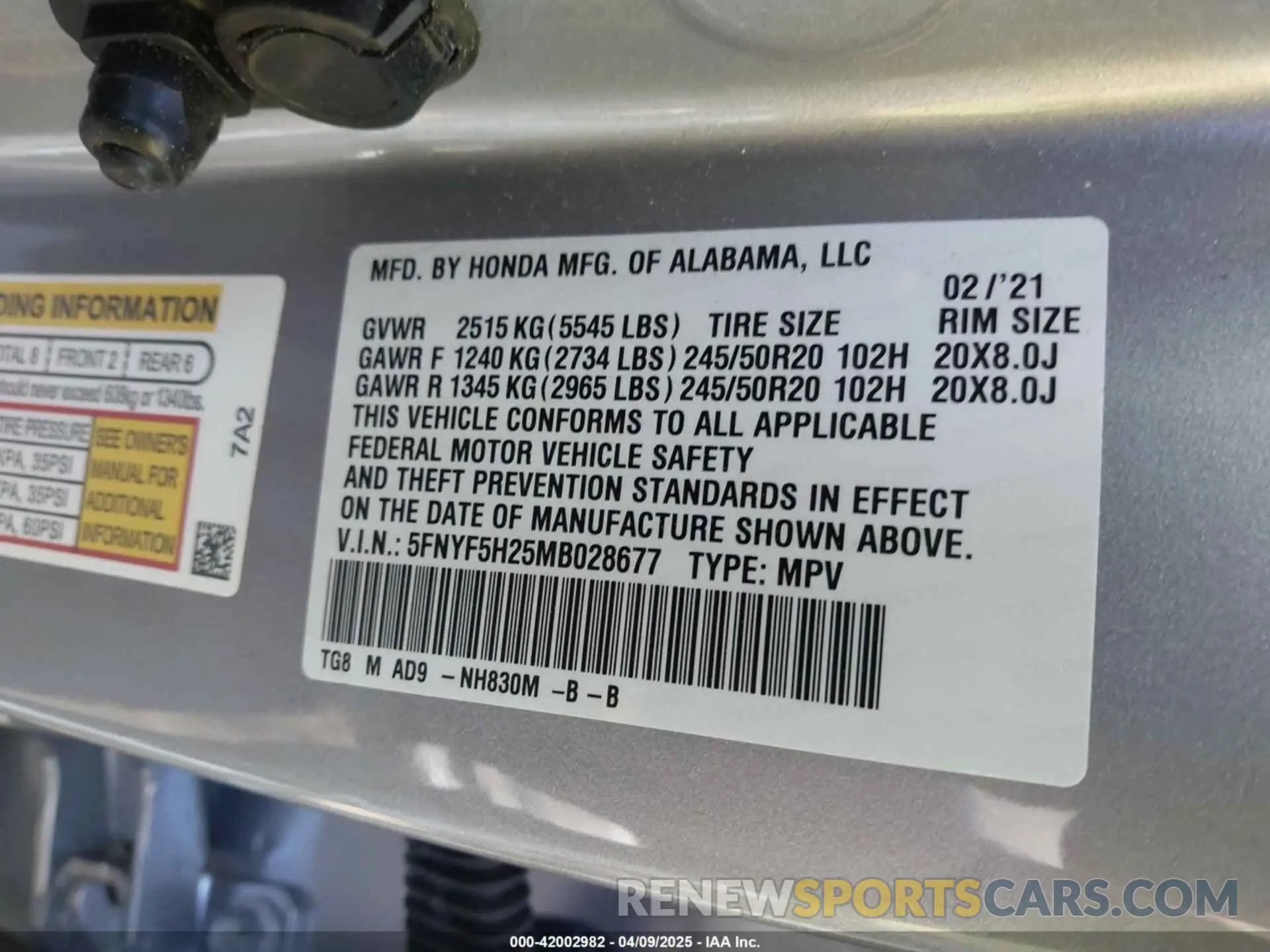 9 Photograph of a damaged car 5FNYF5H25MB028677 HONDA PILOT 2021