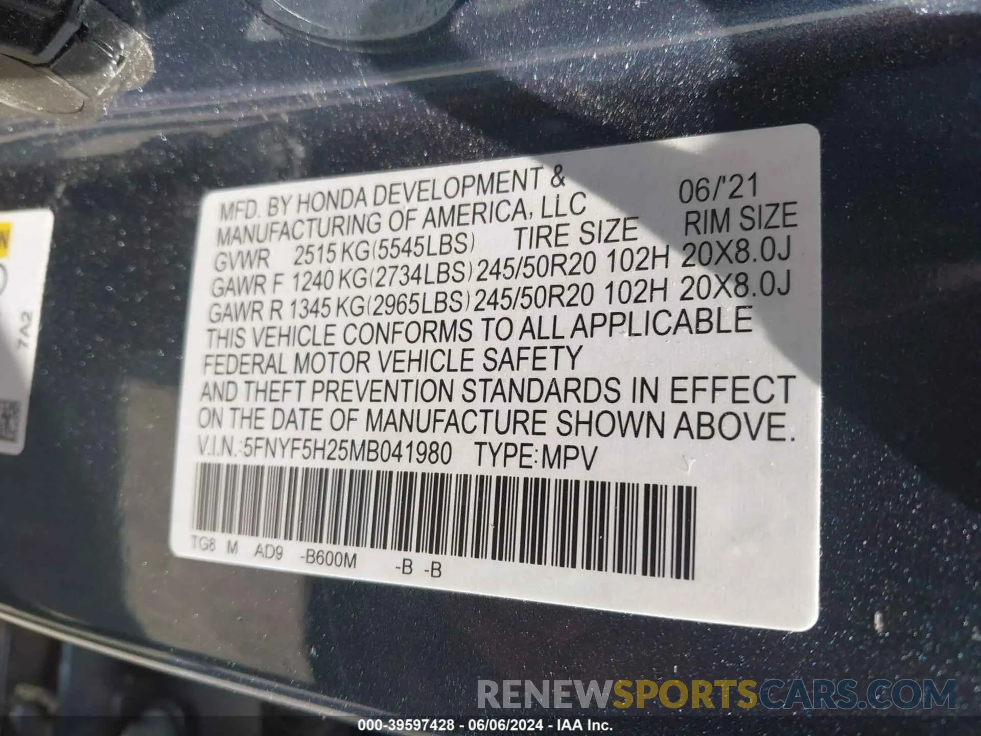 9 Photograph of a damaged car 5FNYF5H25MB041980 HONDA PILOT 2021