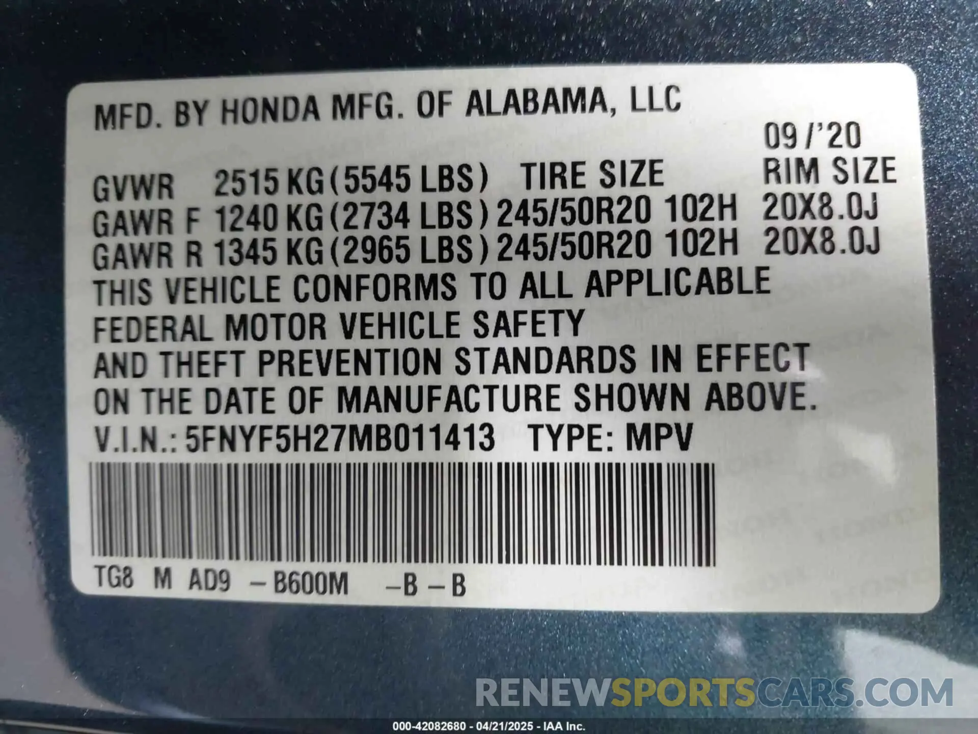 9 Photograph of a damaged car 5FNYF5H27MB011413 HONDA PILOT 2021