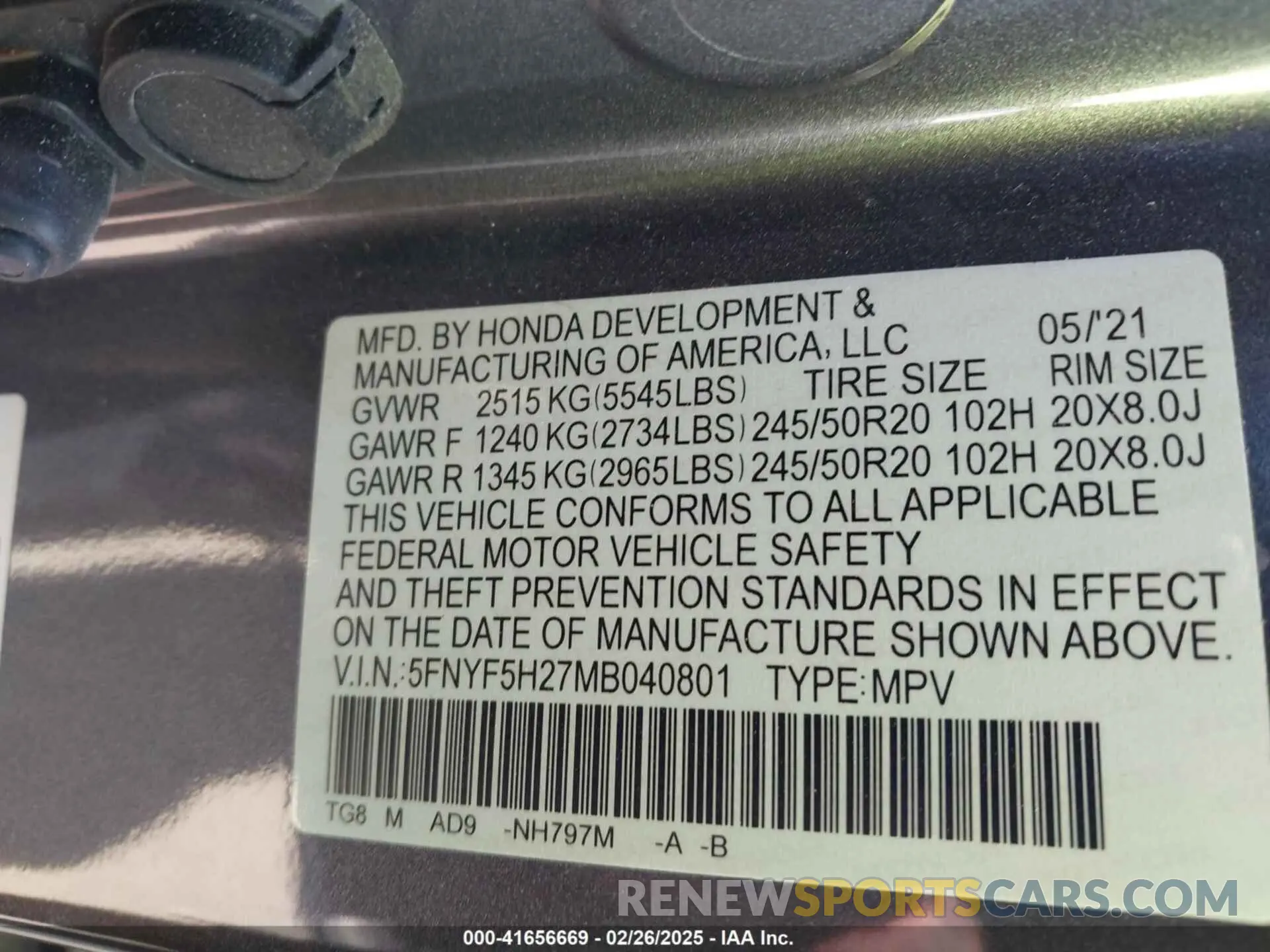 9 Photograph of a damaged car 5FNYF5H27MB040801 HONDA PILOT 2021