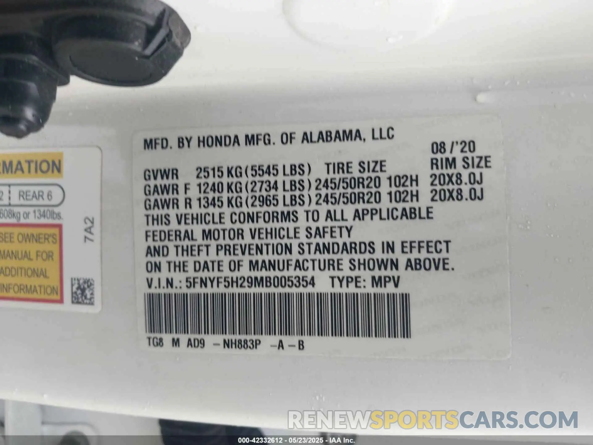 9 Photograph of a damaged car 5FNYF5H29MB005354 HONDA PILOT 2021