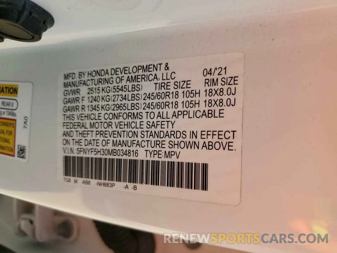 14 Photograph of a damaged car 5FNYF5H30MB034816 HONDA PILOT 2021