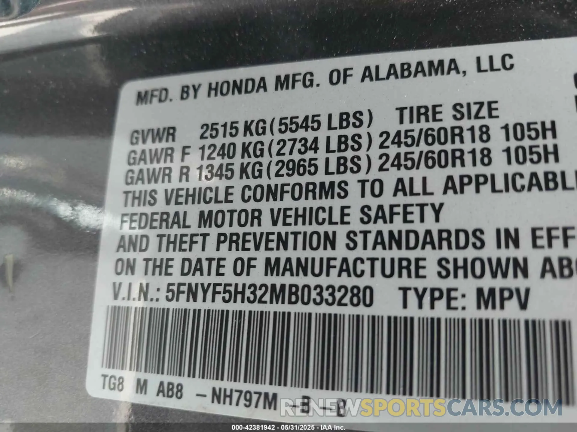 9 Photograph of a damaged car 5FNYF5H32MB033280 HONDA PILOT 2021