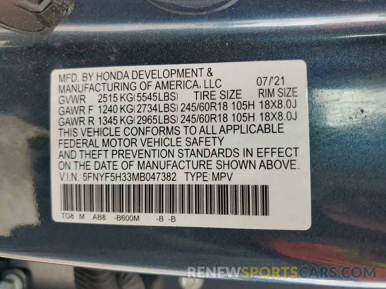 13 Photograph of a damaged car 5FNYF5H33MB047382 HONDA PILOT 2021