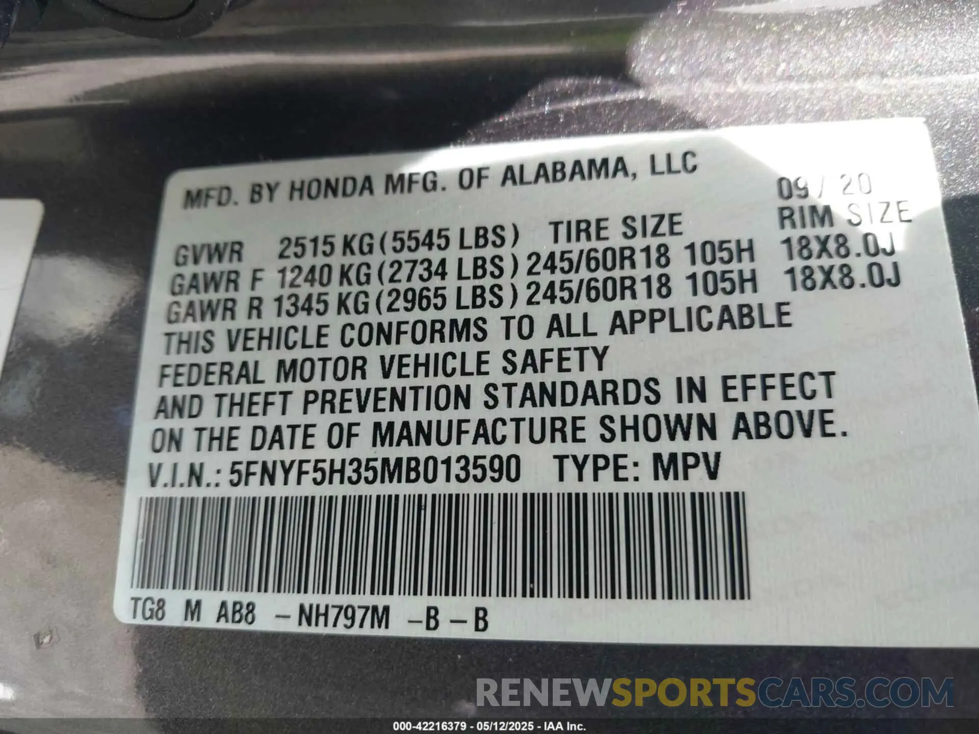 9 Photograph of a damaged car 5FNYF5H35MB013590 HONDA PILOT 2021
