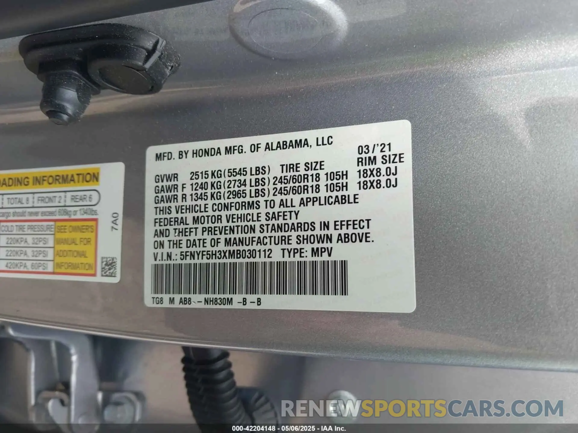 9 Photograph of a damaged car 5FNYF5H3XMB030112 HONDA PILOT 2021