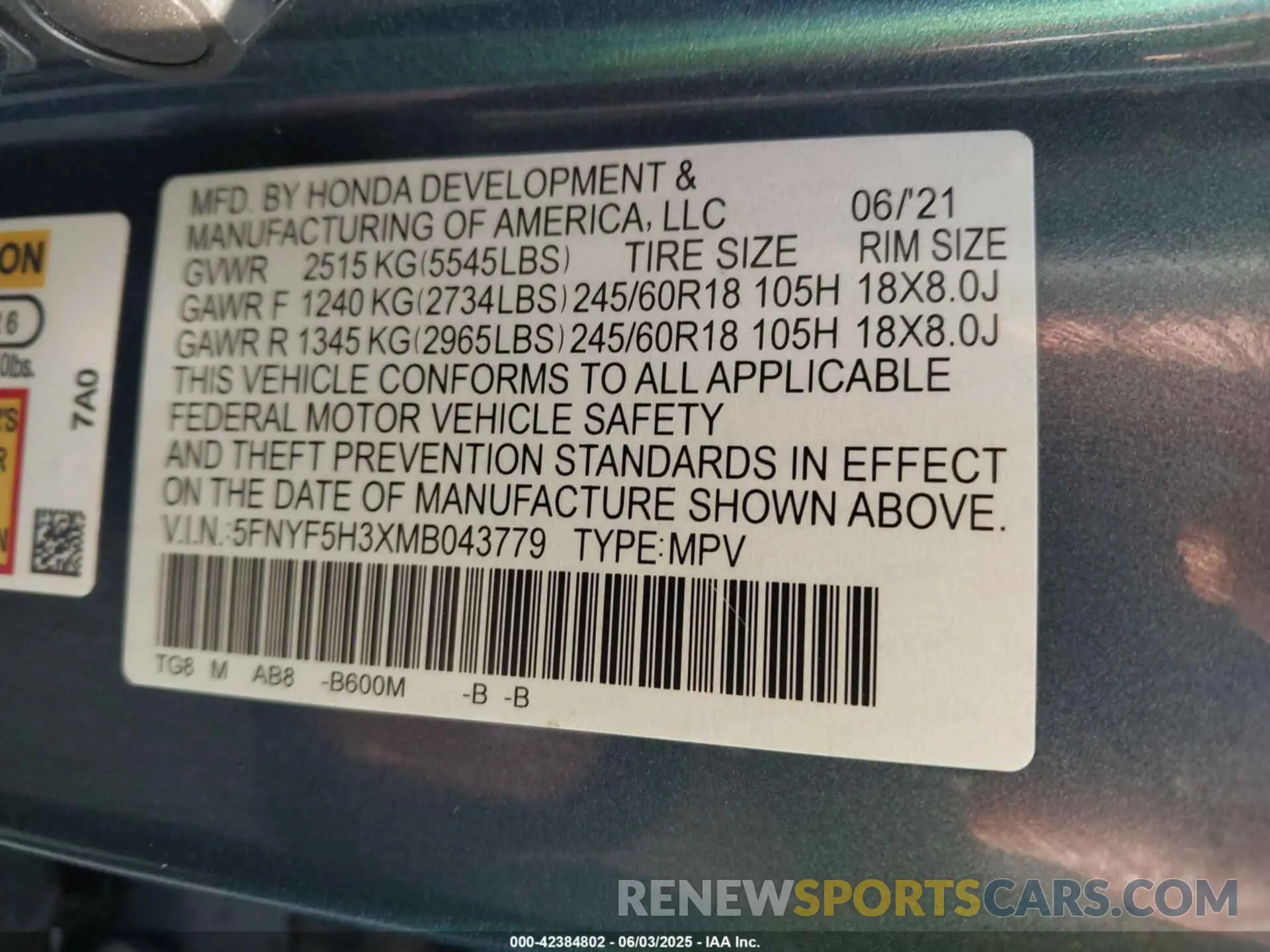 9 Photograph of a damaged car 5FNYF5H3XMB043779 HONDA PILOT 2021