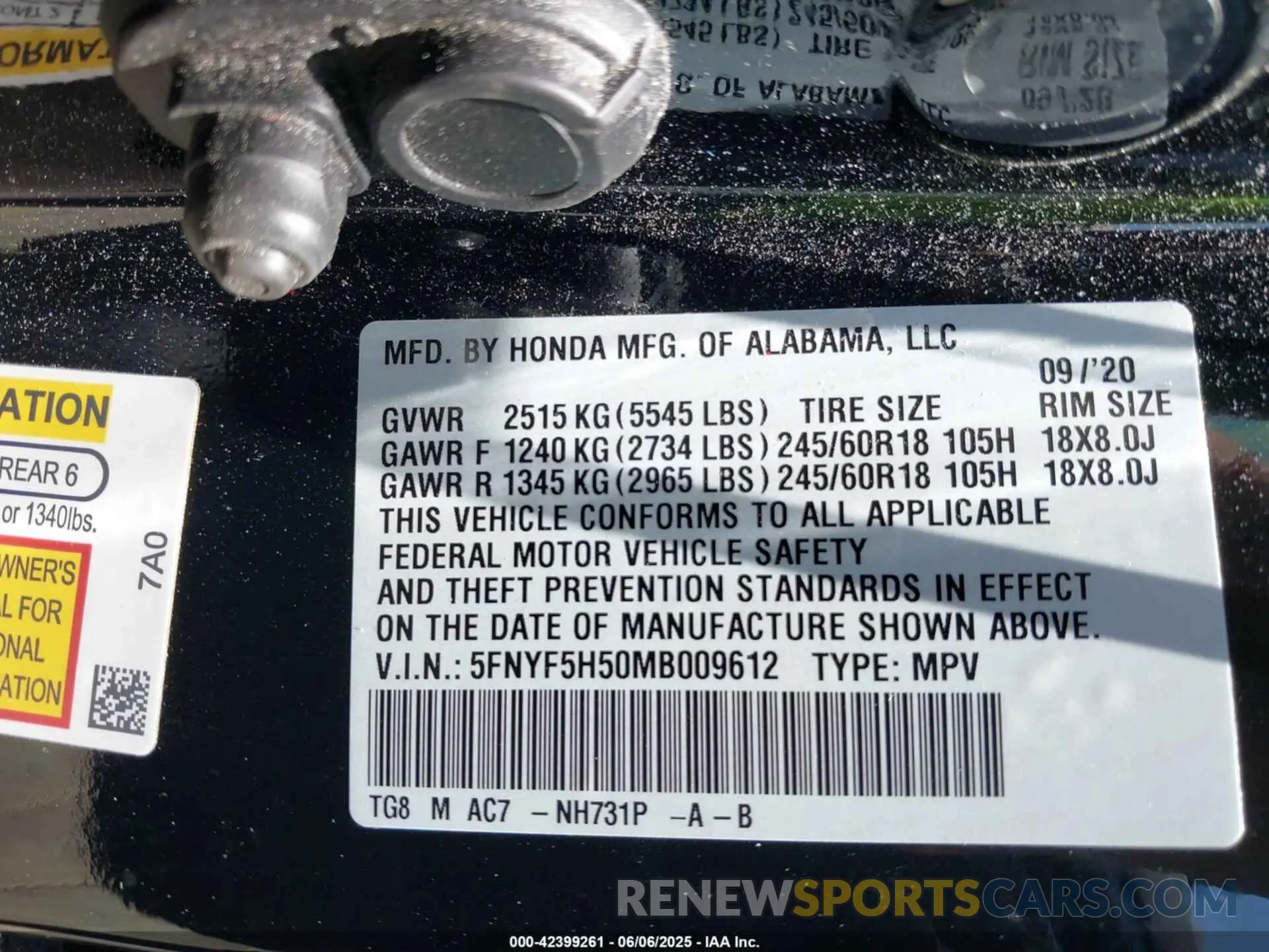 9 Photograph of a damaged car 5FNYF5H50MB009612 HONDA PILOT 2021