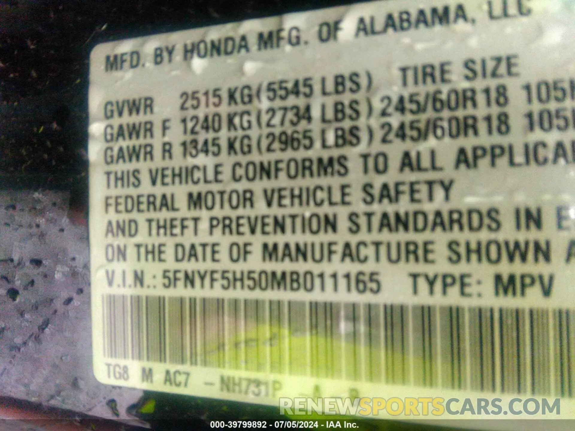 9 Photograph of a damaged car 5FNYF5H50MB011165 HONDA PILOT 2021