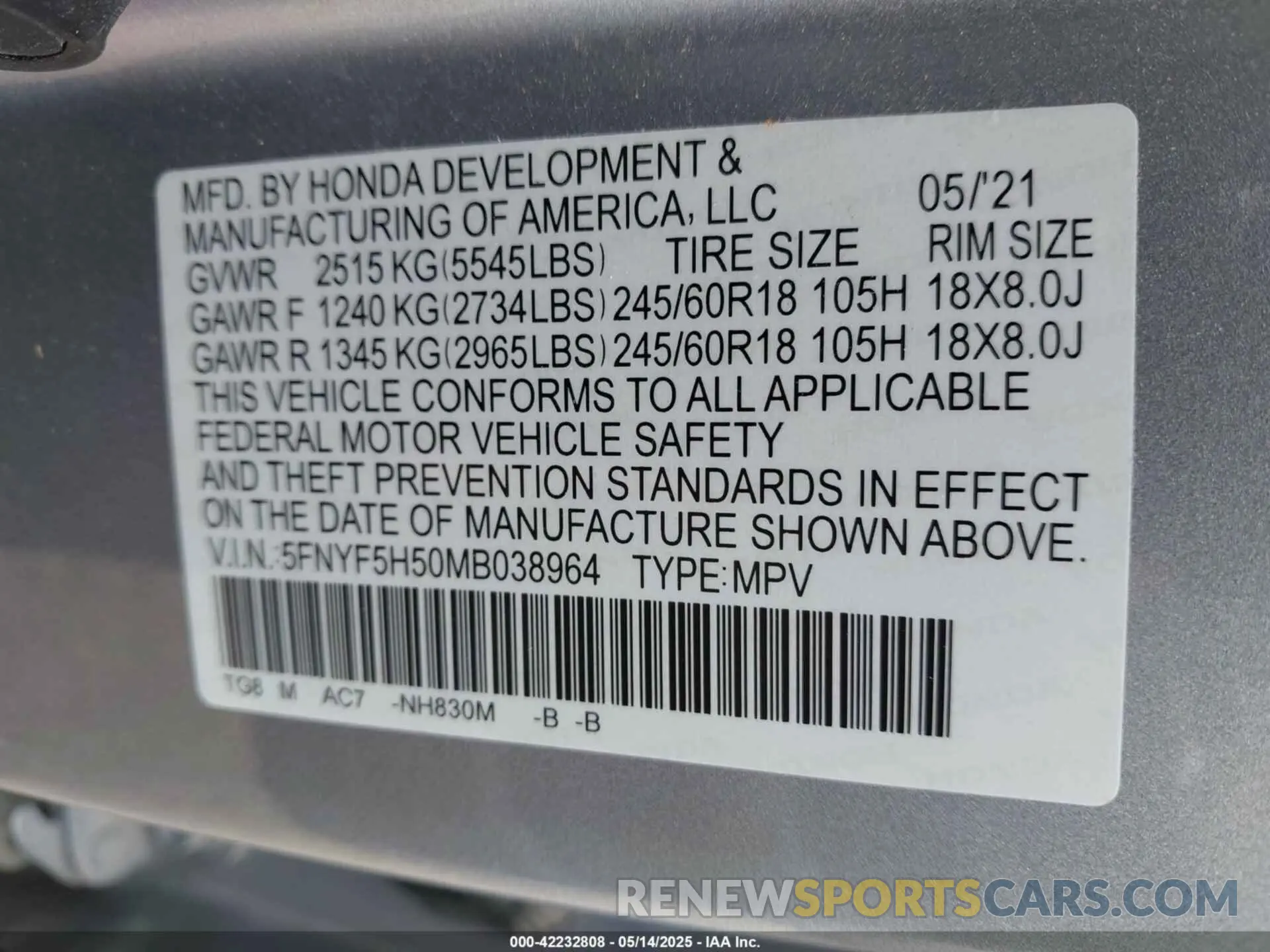 9 Photograph of a damaged car 5FNYF5H50MB038964 HONDA PILOT 2021