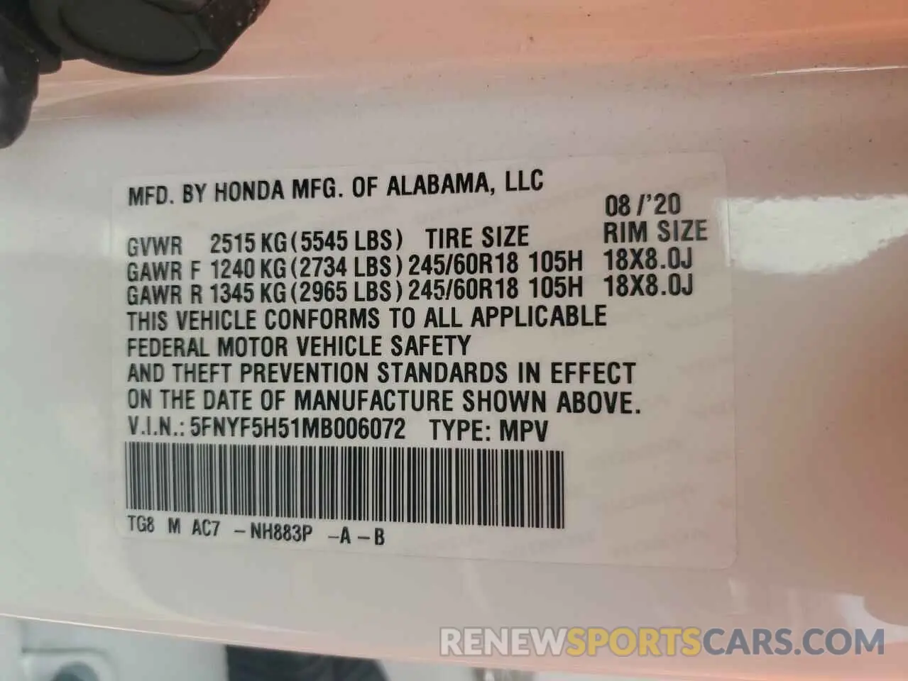 13 Photograph of a damaged car 5FNYF5H51MB006072 HONDA PILOT 2021