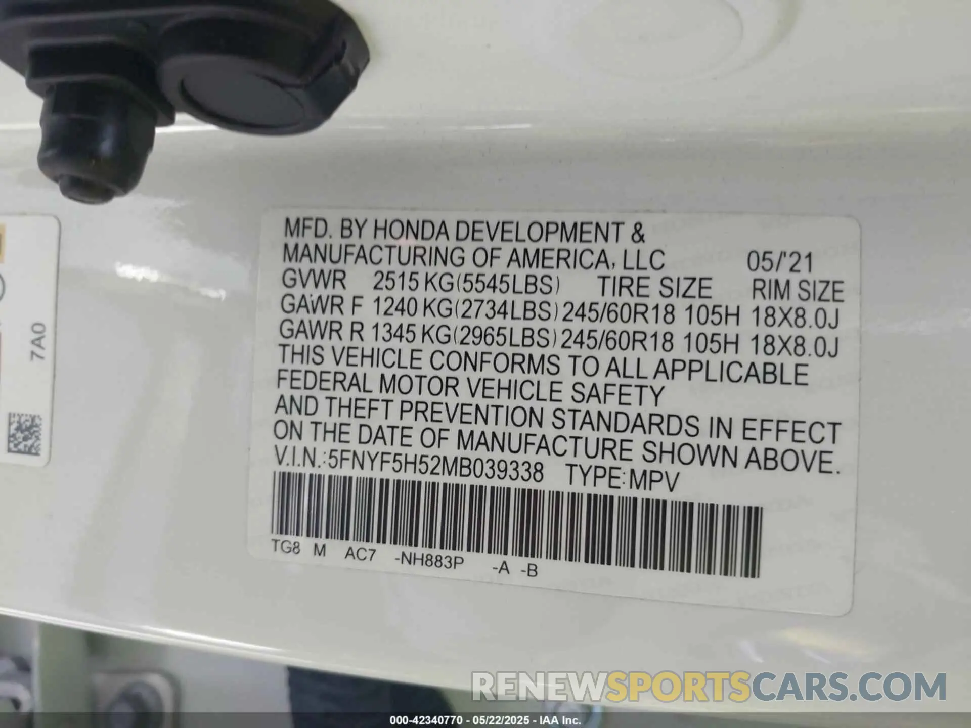 9 Photograph of a damaged car 5FNYF5H52MB039338 HONDA PILOT 2021