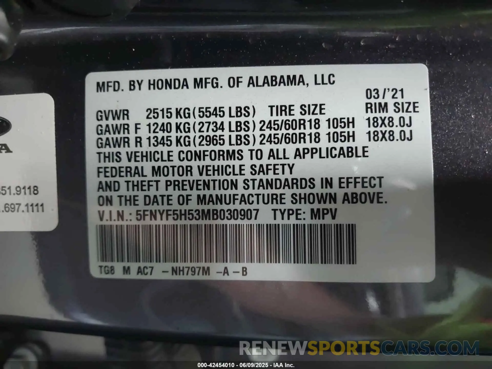 9 Photograph of a damaged car 5FNYF5H53MB030907 HONDA PILOT 2021