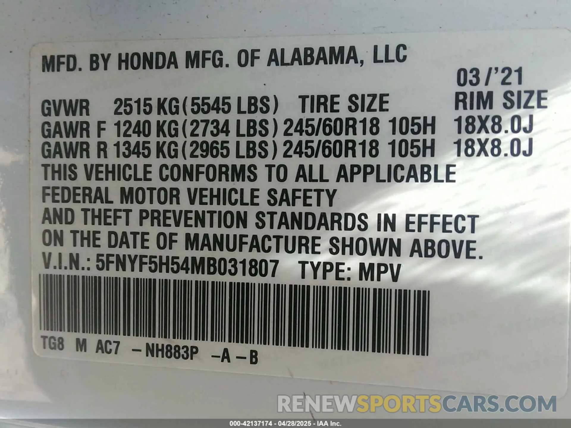 9 Photograph of a damaged car 5FNYF5H54MB031807 HONDA PILOT 2021