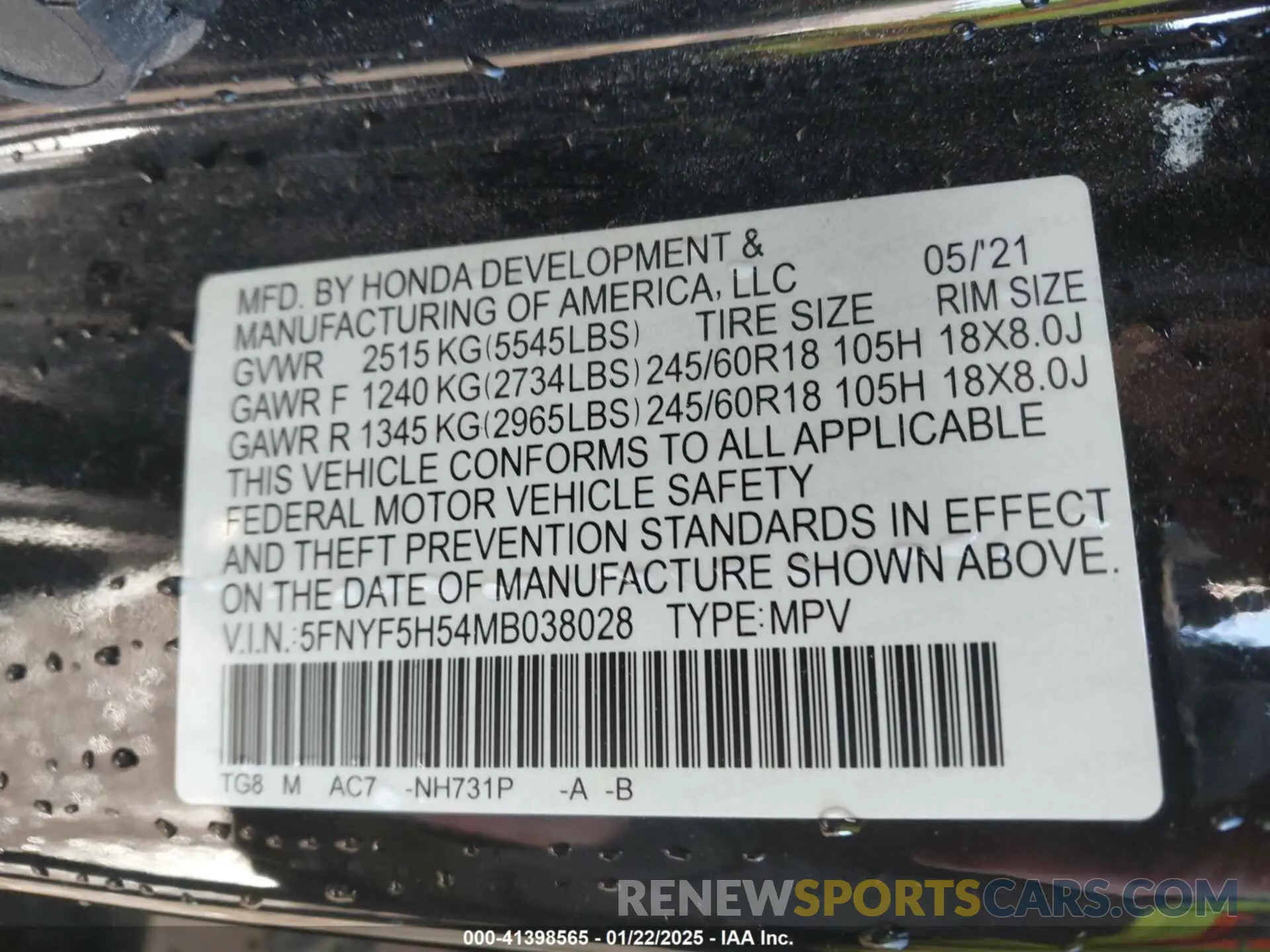9 Photograph of a damaged car 5FNYF5H54MB038028 HONDA PILOT 2021