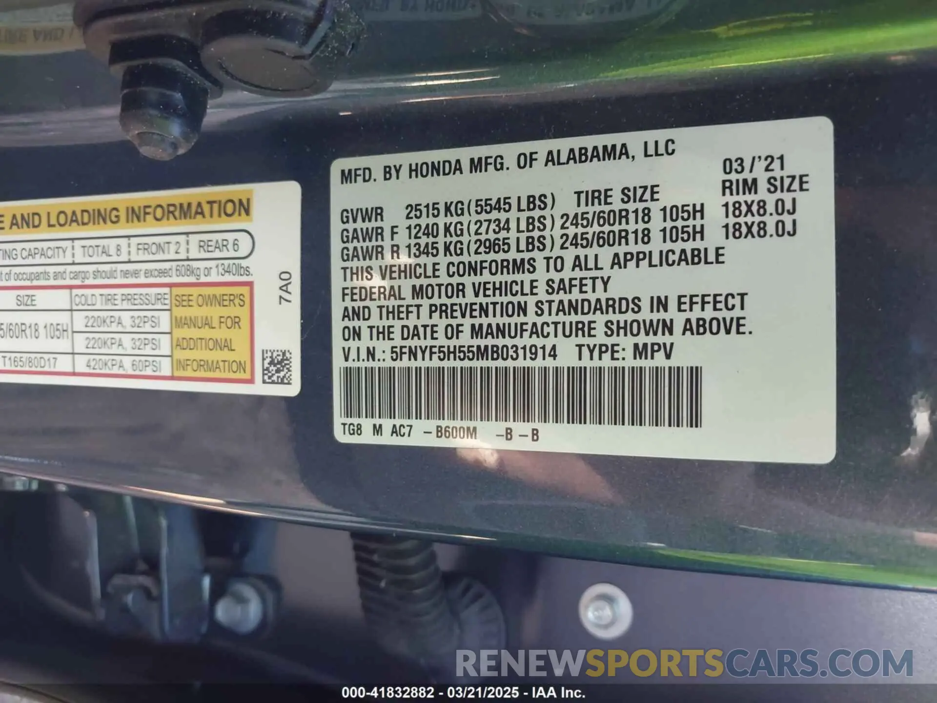 9 Photograph of a damaged car 5FNYF5H55MB031914 HONDA PILOT 2021