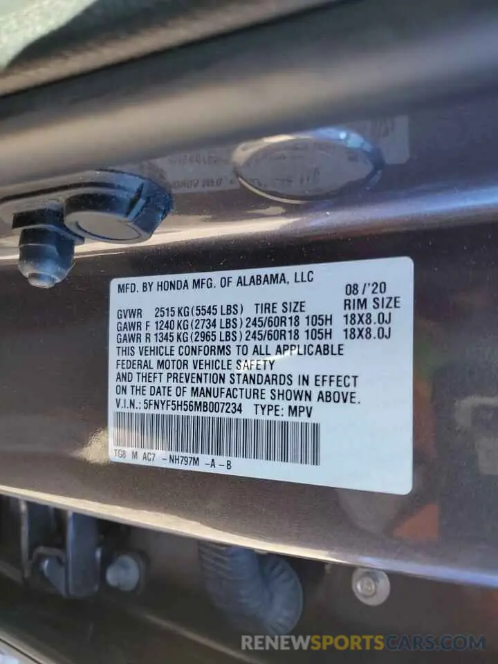 14 Photograph of a damaged car 5FNYF5H56MB007234 HONDA PILOT 2021