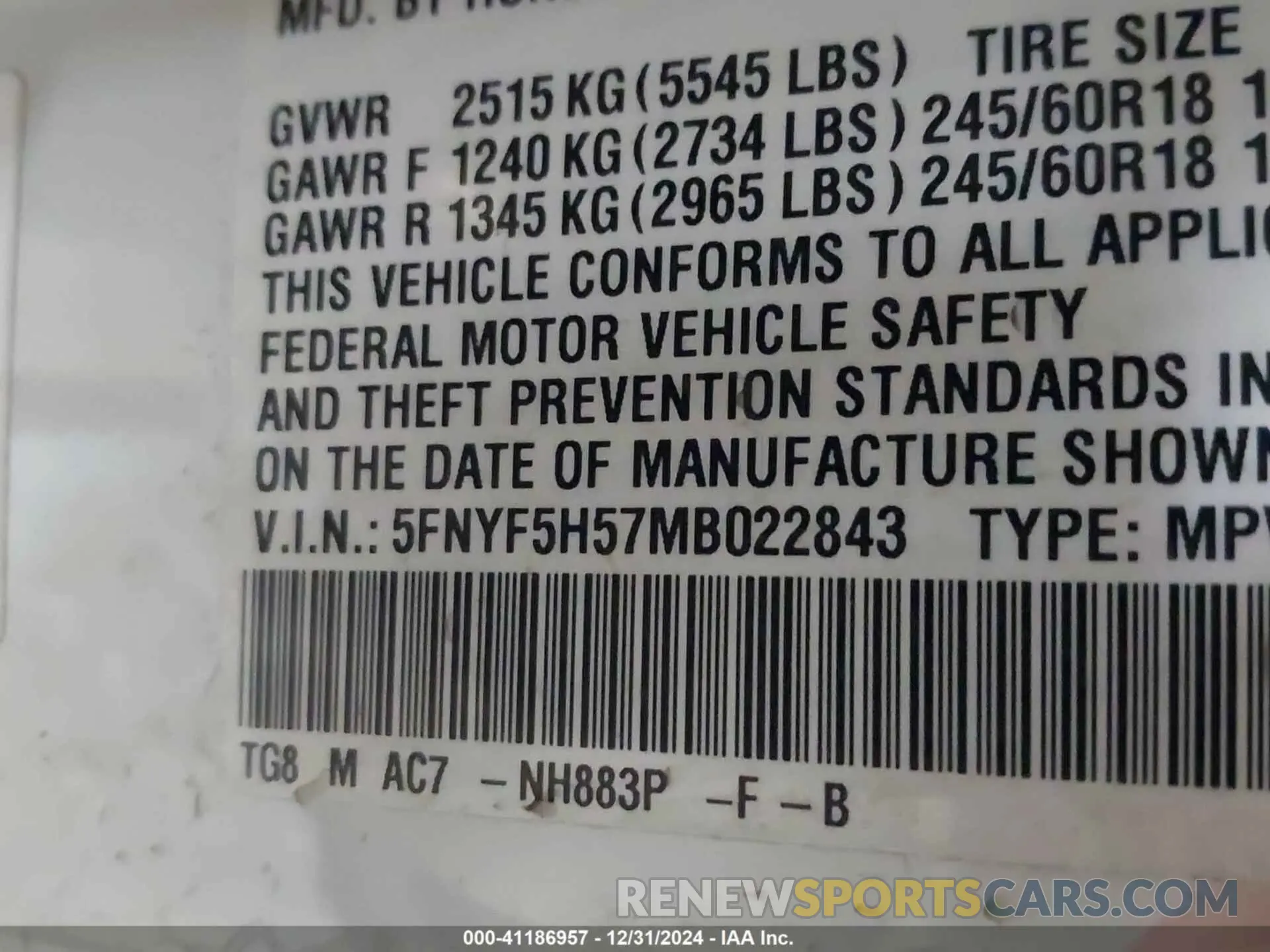 9 Photograph of a damaged car 5FNYF5H57MB022843 HONDA PILOT 2021