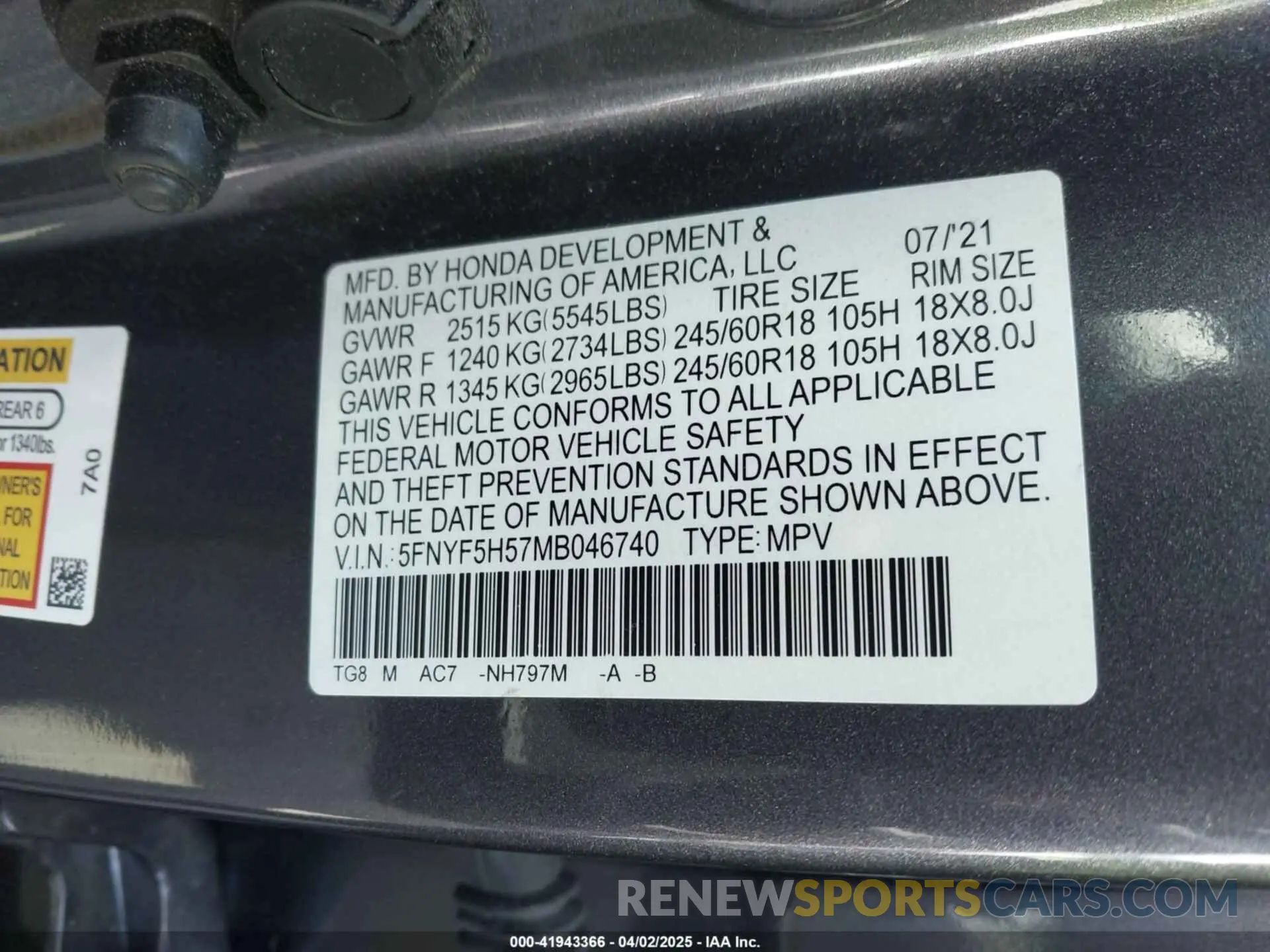 9 Photograph of a damaged car 5FNYF5H57MB046740 HONDA PILOT 2021