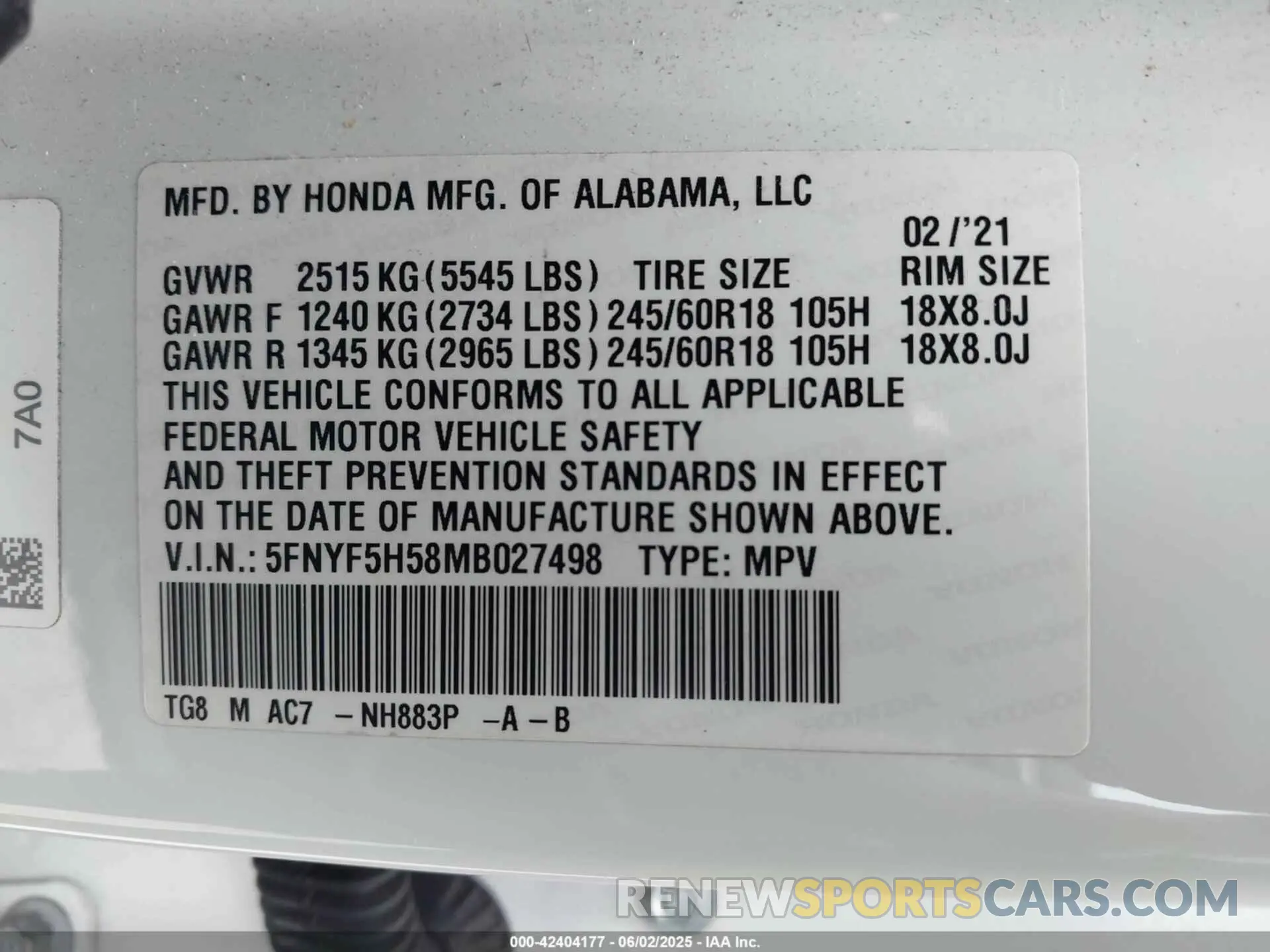 9 Photograph of a damaged car 5FNYF5H58MB027498 HONDA PILOT 2021