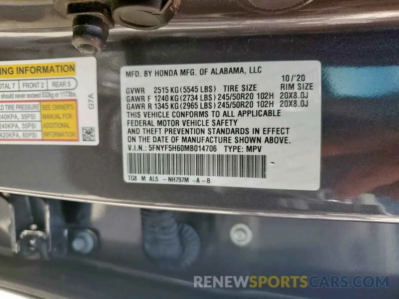 13 Photograph of a damaged car 5FNYF5H60MB014706 HONDA PILOT 2021