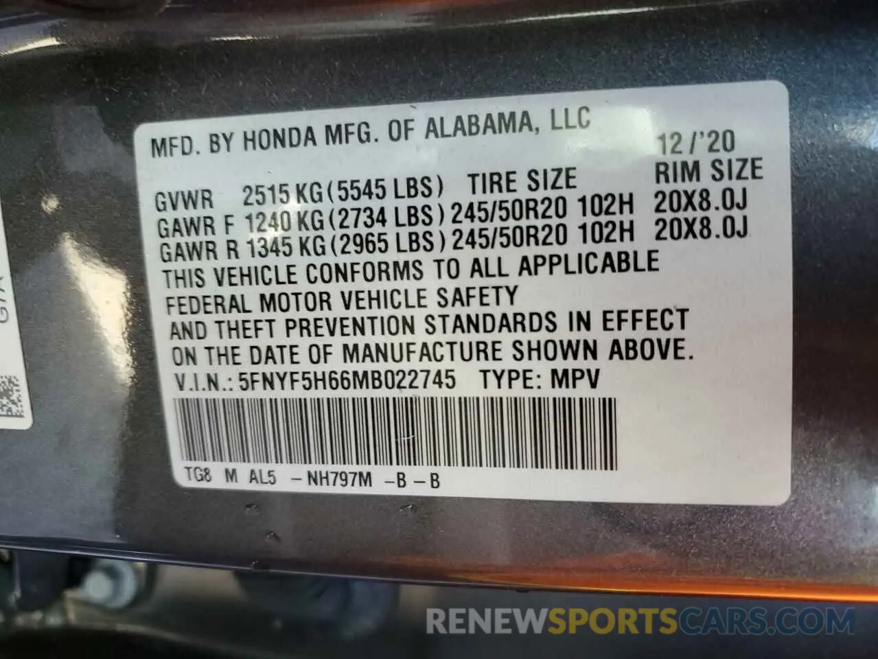 14 Photograph of a damaged car 5FNYF5H66MB022745 HONDA PILOT 2021
