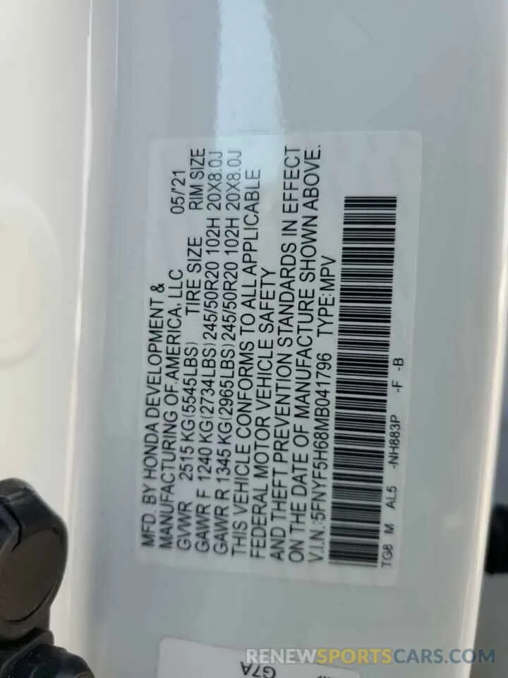 13 Photograph of a damaged car 5FNYF5H68MB041796 HONDA PILOT 2021