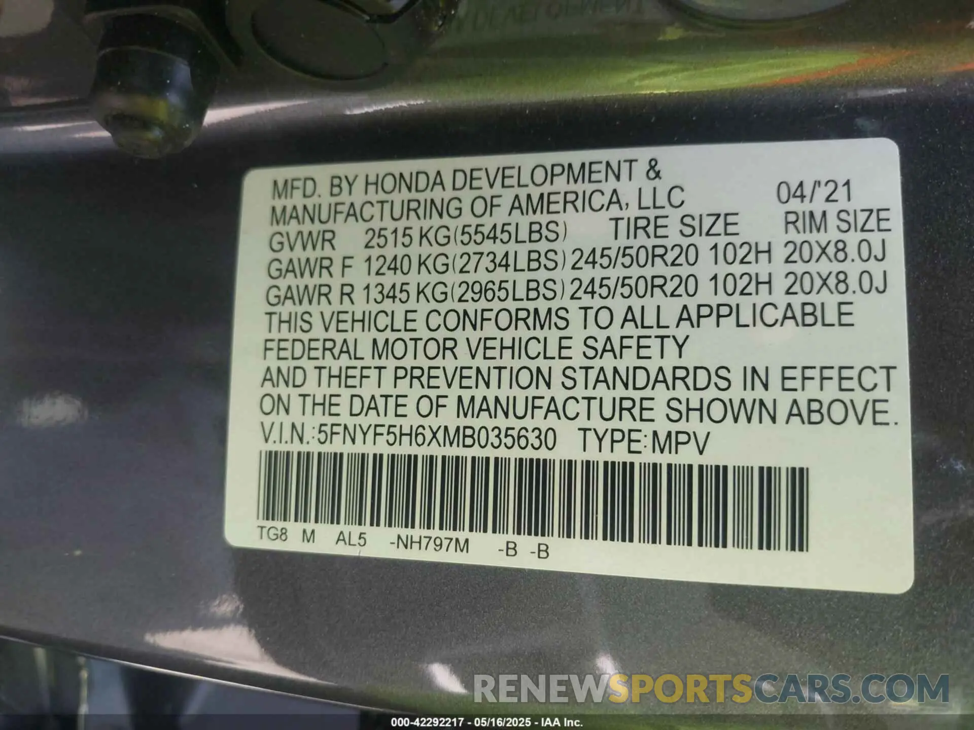 9 Photograph of a damaged car 5FNYF5H6XMB035630 HONDA PILOT 2021