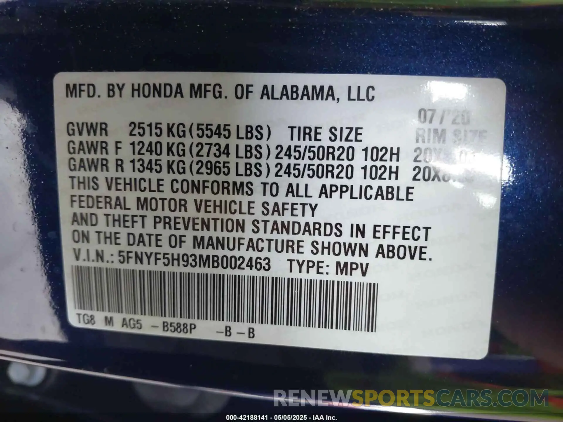 9 Photograph of a damaged car 5FNYF5H93MB002463 HONDA PILOT 2021