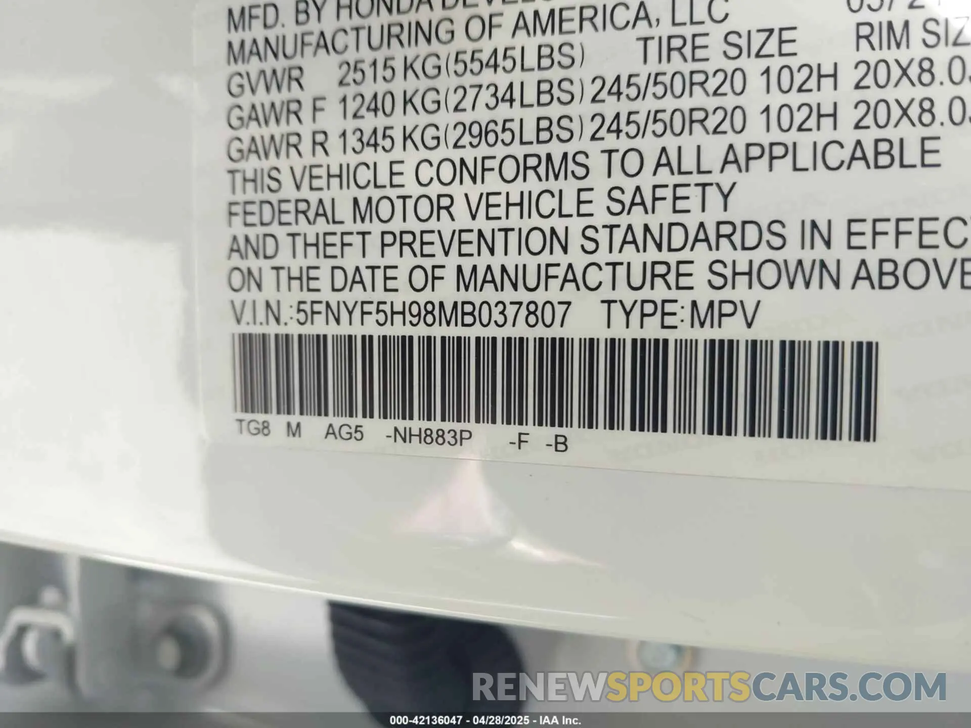 9 Photograph of a damaged car 5FNYF5H98MB037807 HONDA PILOT 2021